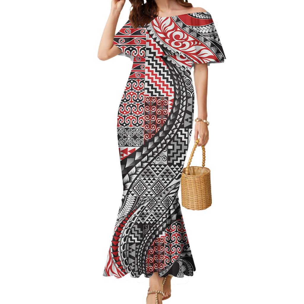 Aotearoa Maori Tribal Tattoo Mermaid Dress Kowhaiwhai Taniko Patchwork Motifs LT9 Women Red - Polynesian Pride