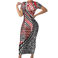 Aotearoa Maori Tribal Tattoo Short Sleeve Bodycon Dress Kowhaiwhai Taniko Patchwork Motifs LT9 Long Dress Red - Polynesian Pride