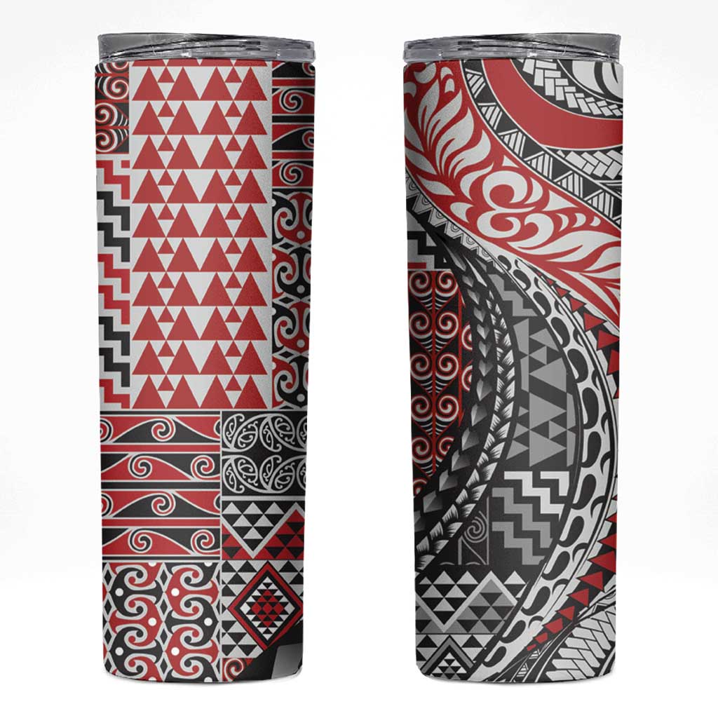 Aotearoa Maori Tribal Tattoo Skinny Tumbler Kowhaiwhai Taniko Patchwork Motifs LT9 Red - Polynesian Pride