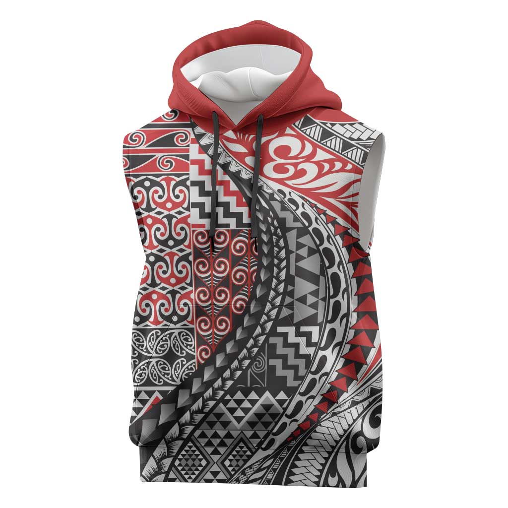 Aotearoa Maori Tribal Tattoo Sleeveless Hoodie Kowhaiwhai Taniko Patchwork Motifs LT9 Red - Polynesian Pride