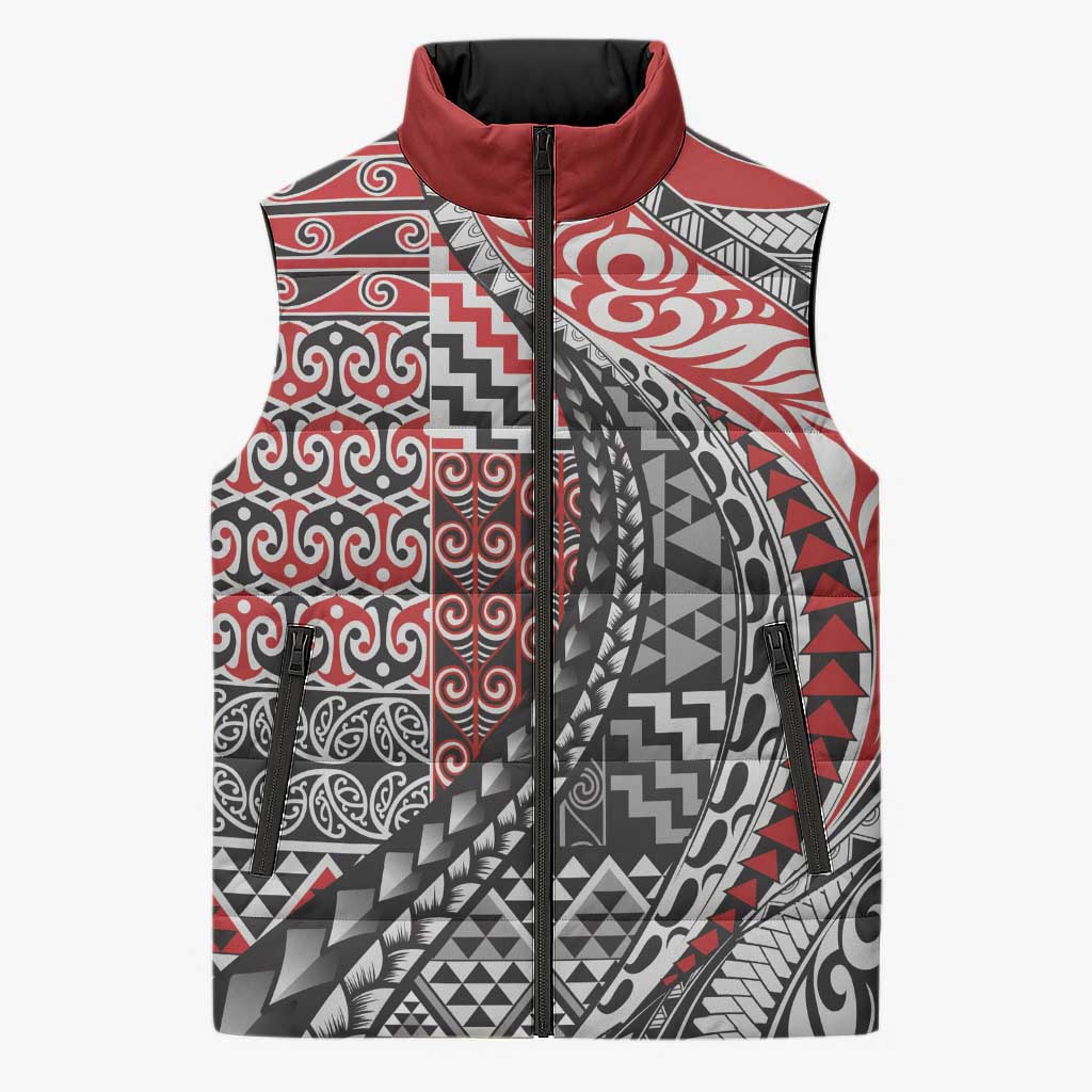 Aotearoa Maori Tribal Tattoo Sleeveless Puffer Jacket Kowhaiwhai Taniko Patchwork Motifs LT9 Unisex Red - Polynesian Pride