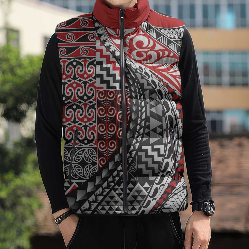 Aotearoa Maori Tribal Tattoo Sleeveless Puffer Jacket Kowhaiwhai Taniko Patchwork Motifs LT9 - Polynesian Pride