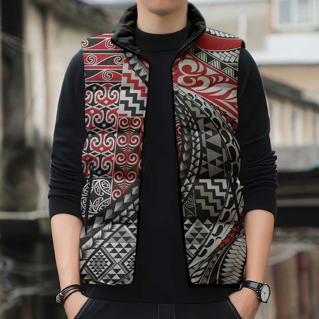 Aotearoa Maori Tribal Tattoo Sleeveless Puffer Jacket Kowhaiwhai Taniko Patchwork Motifs LT9 - Polynesian Pride