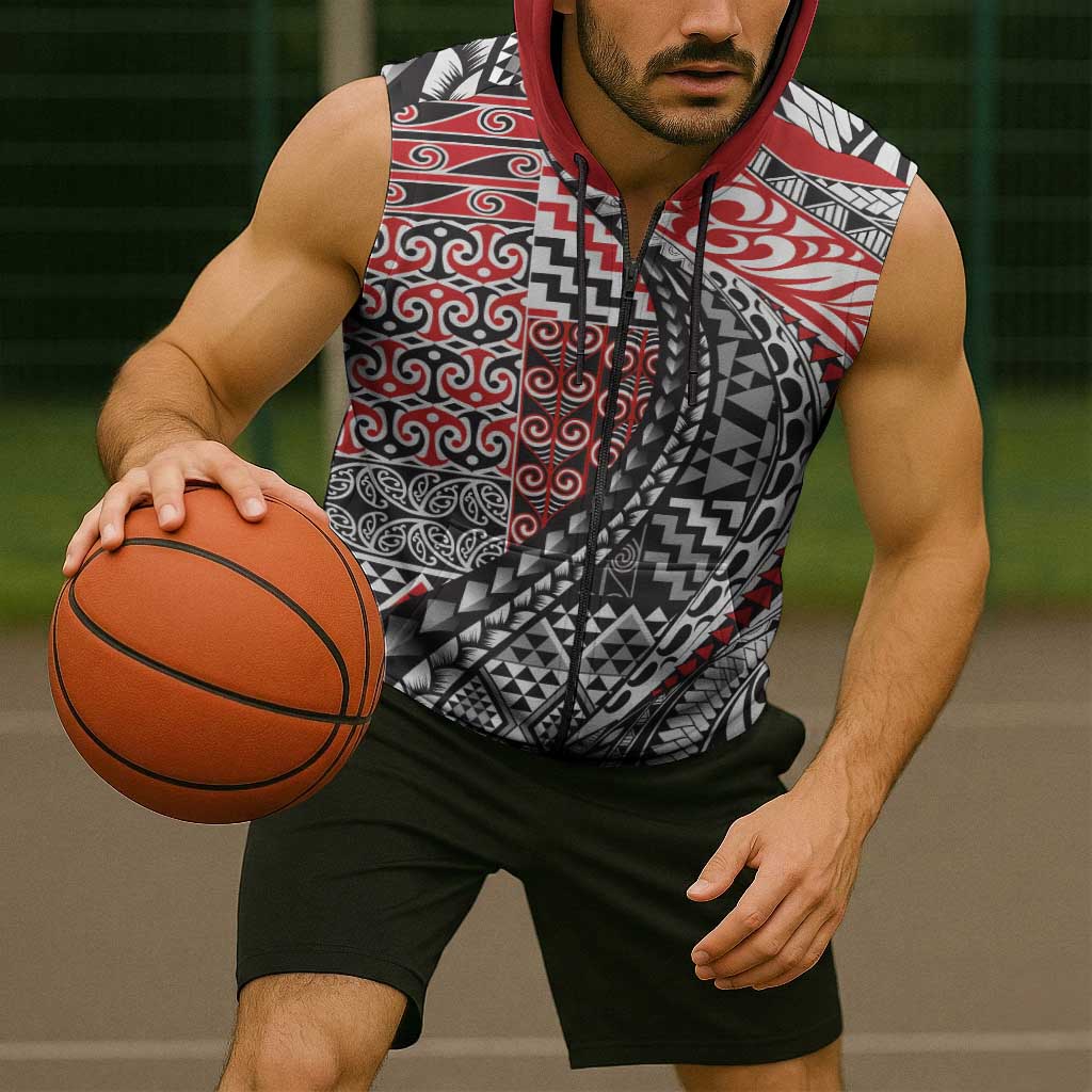 Aotearoa Maori Tribal Tattoo Sleeveless Zip Hoodie Kowhaiwhai Taniko Patchwork Motifs LT9 - Polynesian Pride