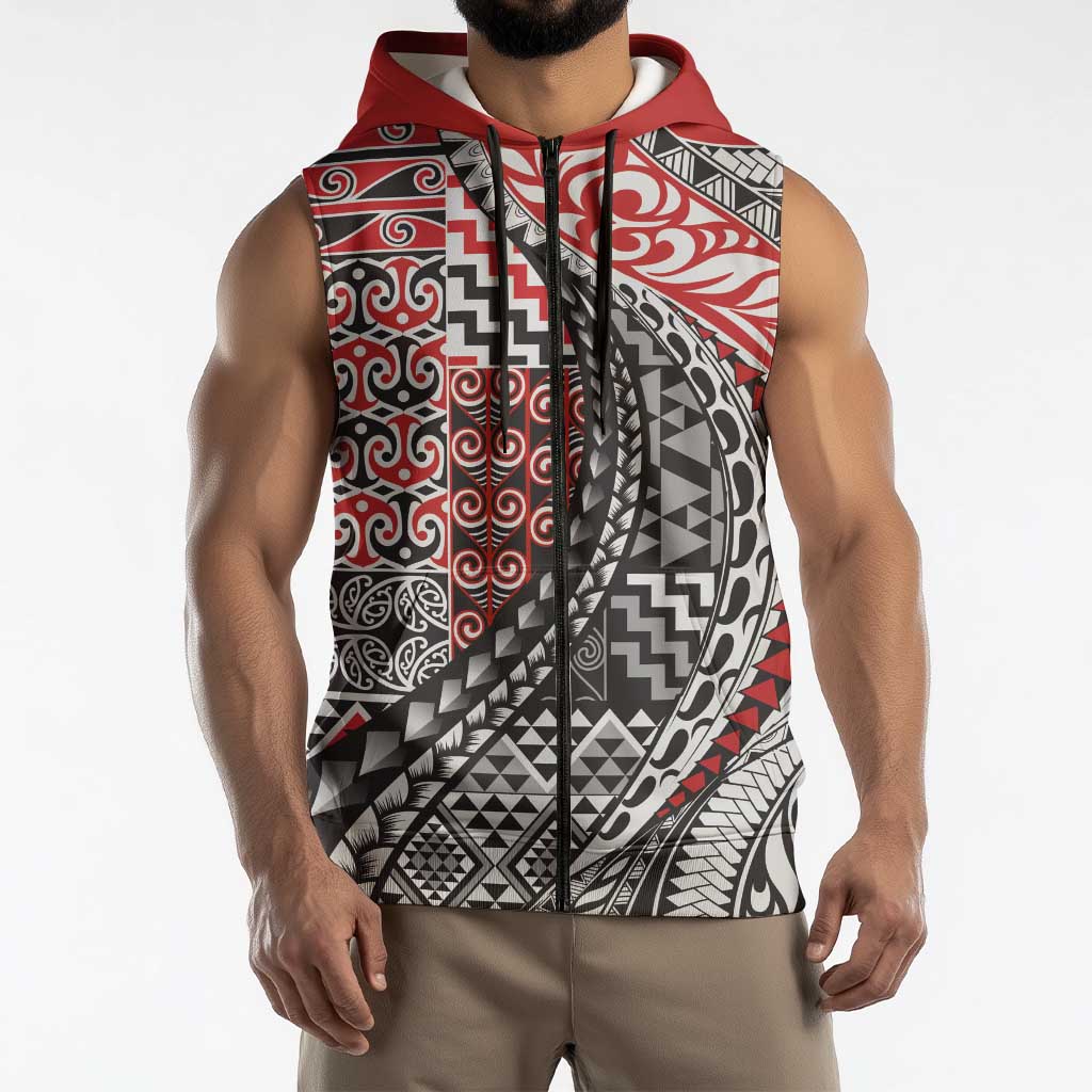 Aotearoa Maori Tribal Tattoo Sleeveless Zip Hoodie Kowhaiwhai Taniko Patchwork Motifs LT9 - Polynesian Pride