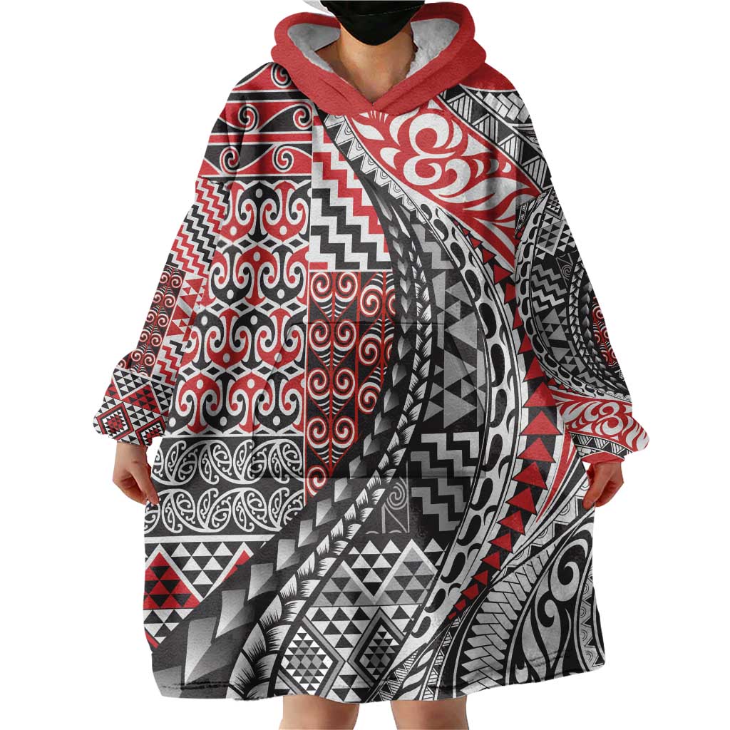 Aotearoa Maori Tribal Tattoo Wearable Blanket Hoodie Kowhaiwhai Taniko Patchwork Motifs LT9 - Polynesian Pride