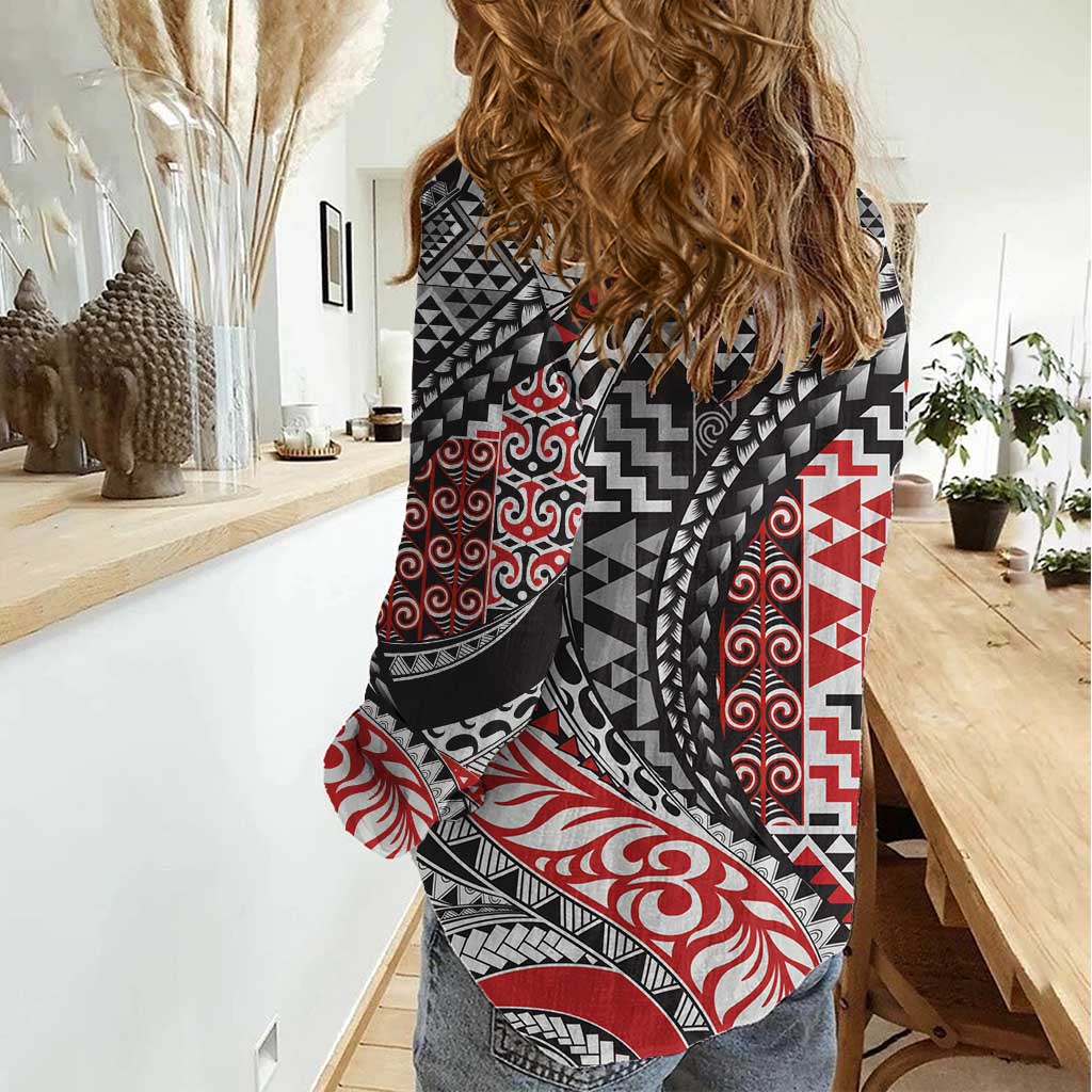 Aotearoa Maori Tribal Tattoo Women Casual Shirt Kowhaiwhai Taniko Patchwork Motifs LT9 - Polynesian Pride
