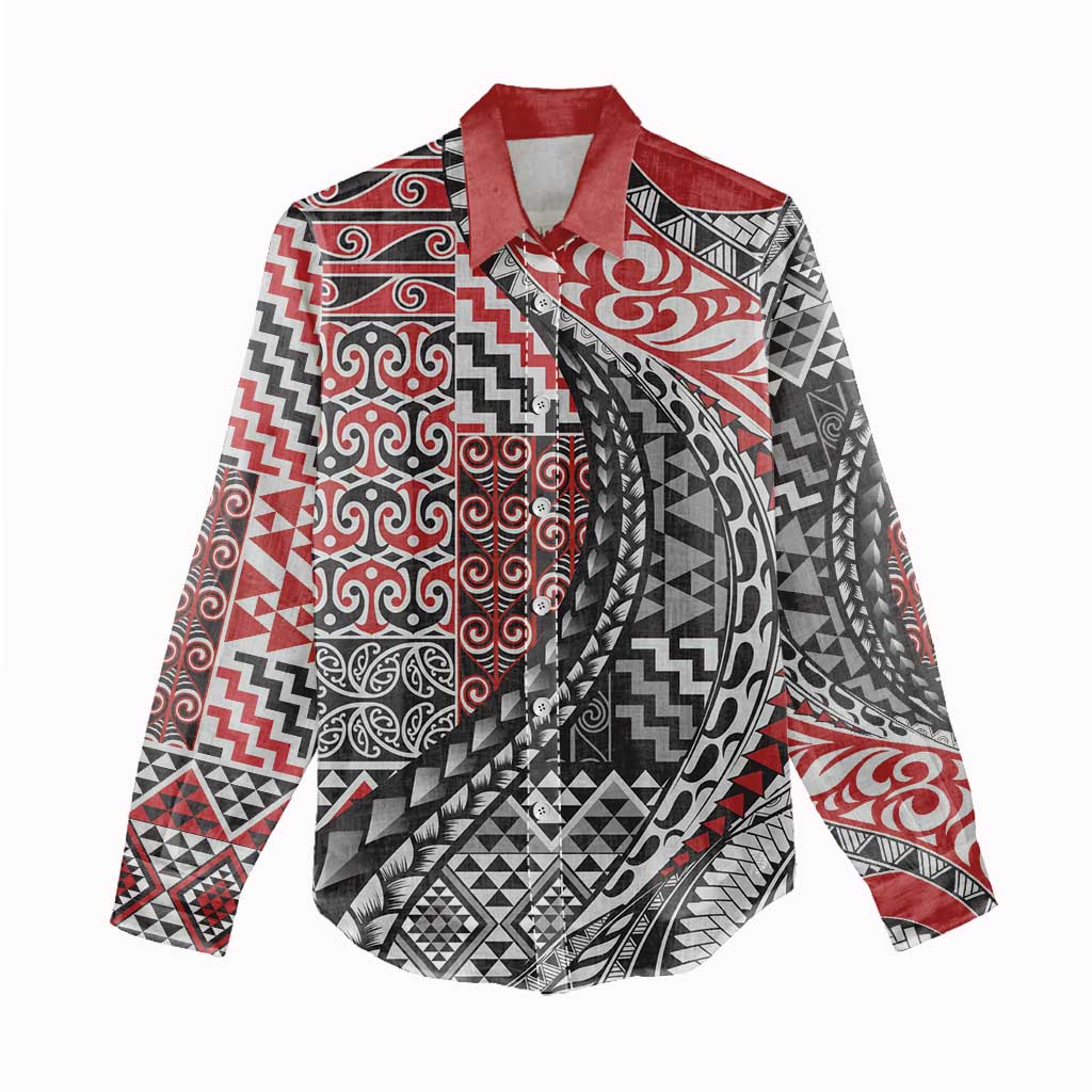 Aotearoa Maori Tribal Tattoo Women Casual Shirt Kowhaiwhai Taniko Patchwork Motifs LT9 - Polynesian Pride