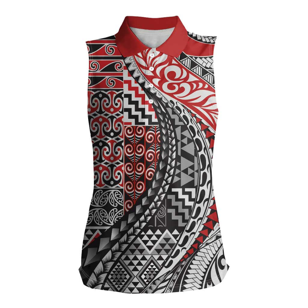 Aotearoa Maori Tribal Tattoo Women Sleeveless Polo Shirt Kowhaiwhai Taniko Patchwork Motifs LT9 Female Red - Polynesian Pride