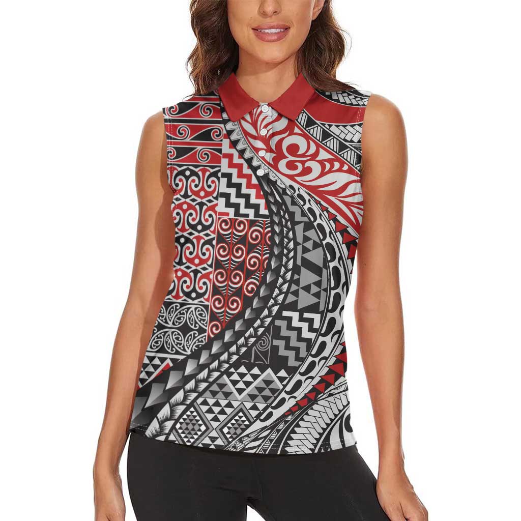 Aotearoa Maori Tribal Tattoo Women Sleeveless Polo Shirt Kowhaiwhai Taniko Patchwork Motifs LT9 - Polynesian Pride