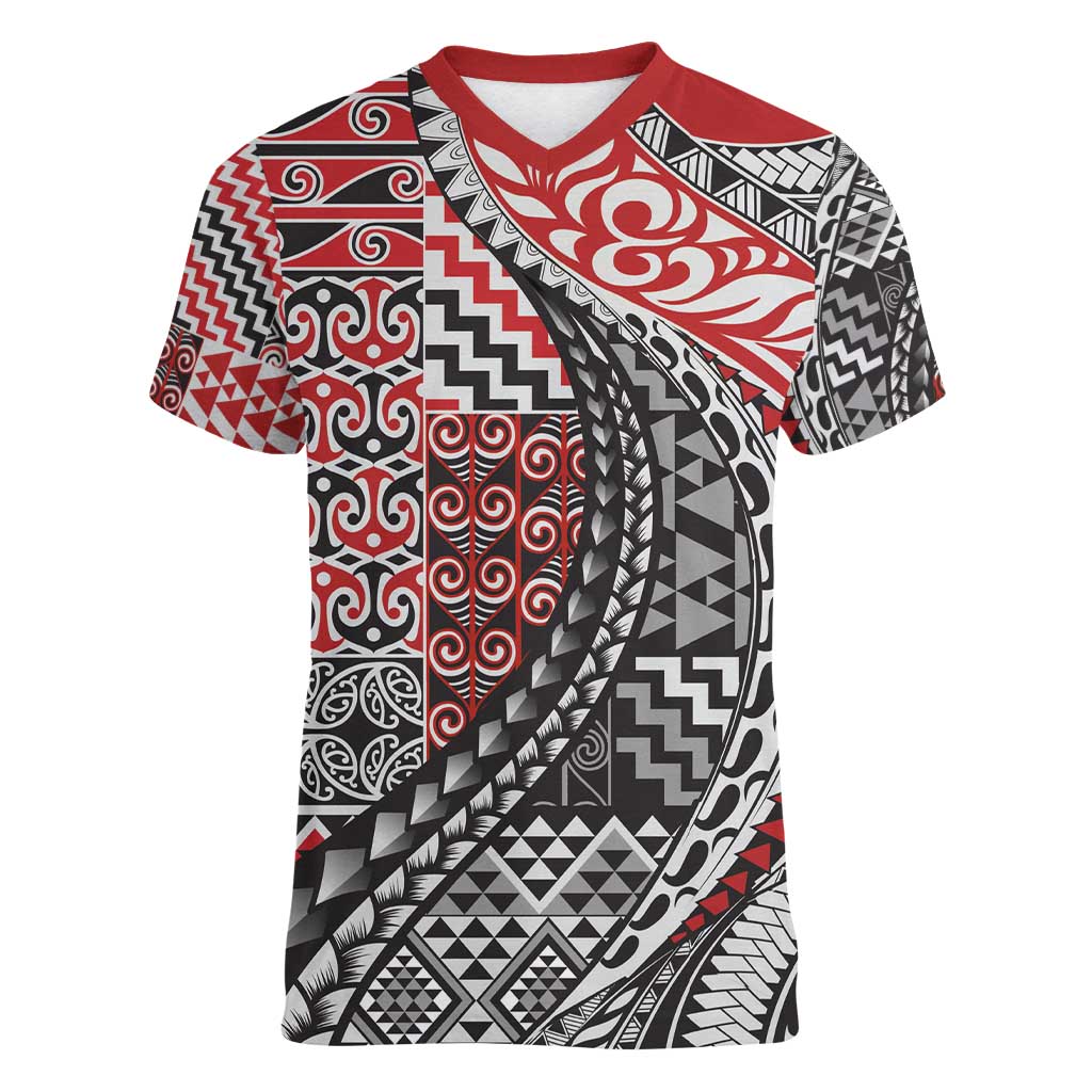 Aotearoa Maori Tribal Tattoo Women V-Neck T-Shirt Kowhaiwhai Taniko Patchwork Motifs LT9 Female Red - Polynesian Pride
