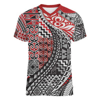 Aotearoa Maori Tribal Tattoo Women V-Neck T-Shirt Kowhaiwhai Taniko Patchwork Motifs LT9 Female Red - Polynesian Pride