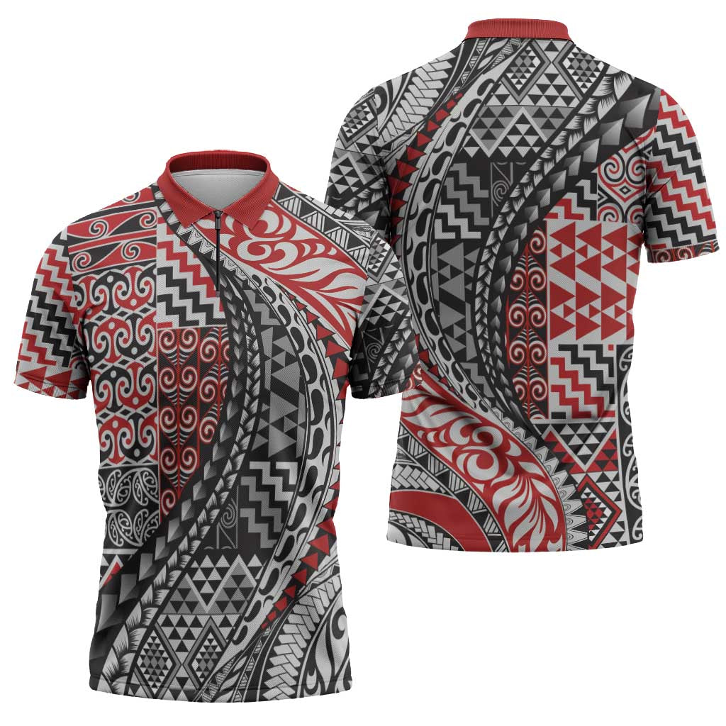 Aotearoa Maori Tribal Tattoo Zipper Polo Shirt Kowhaiwhai Taniko Patchwork Motifs LT9 - Polynesian Pride