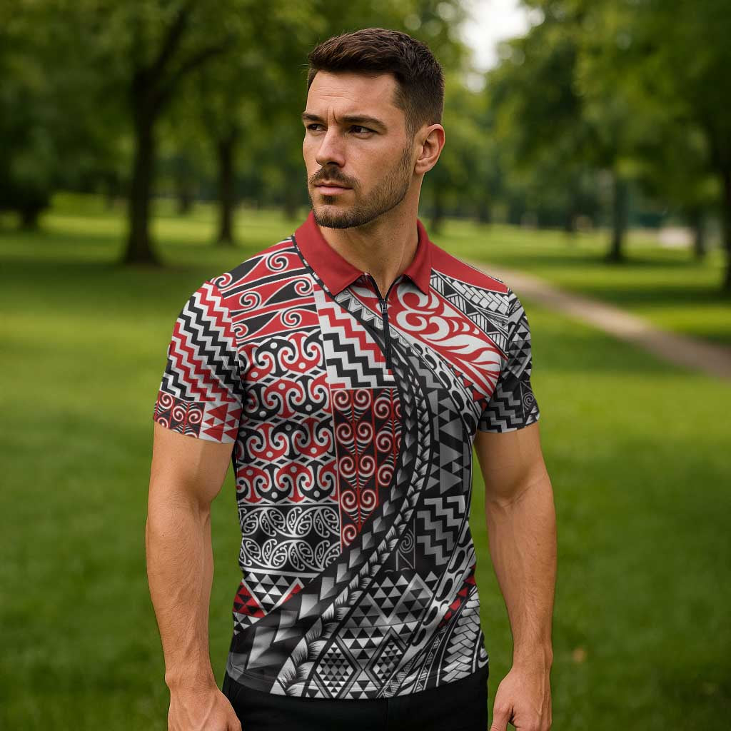 Aotearoa Maori Tribal Tattoo Zipper Polo Shirt Kowhaiwhai Taniko Patchwork Motifs LT9 - Polynesian Pride