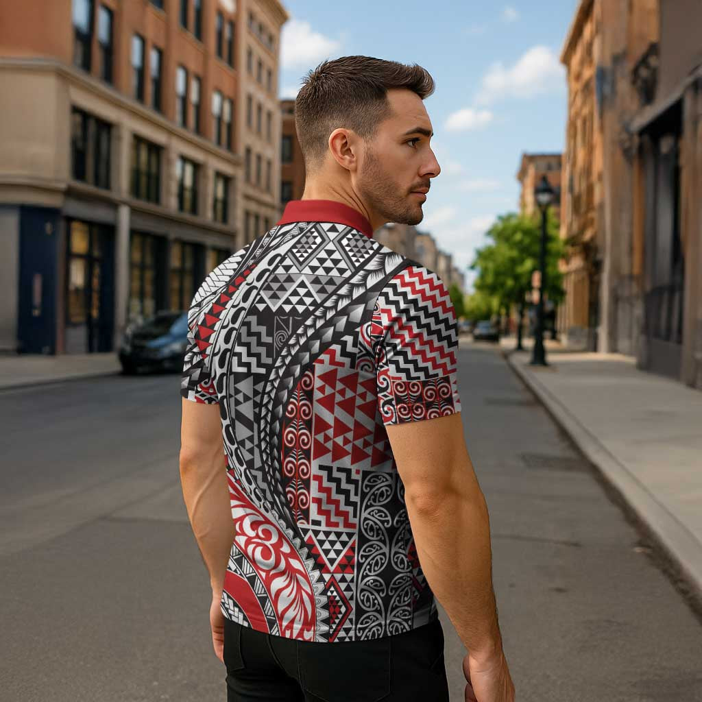 Aotearoa Maori Tribal Tattoo Zipper Polo Shirt Kowhaiwhai Taniko Patchwork Motifs LT9 - Polynesian Pride