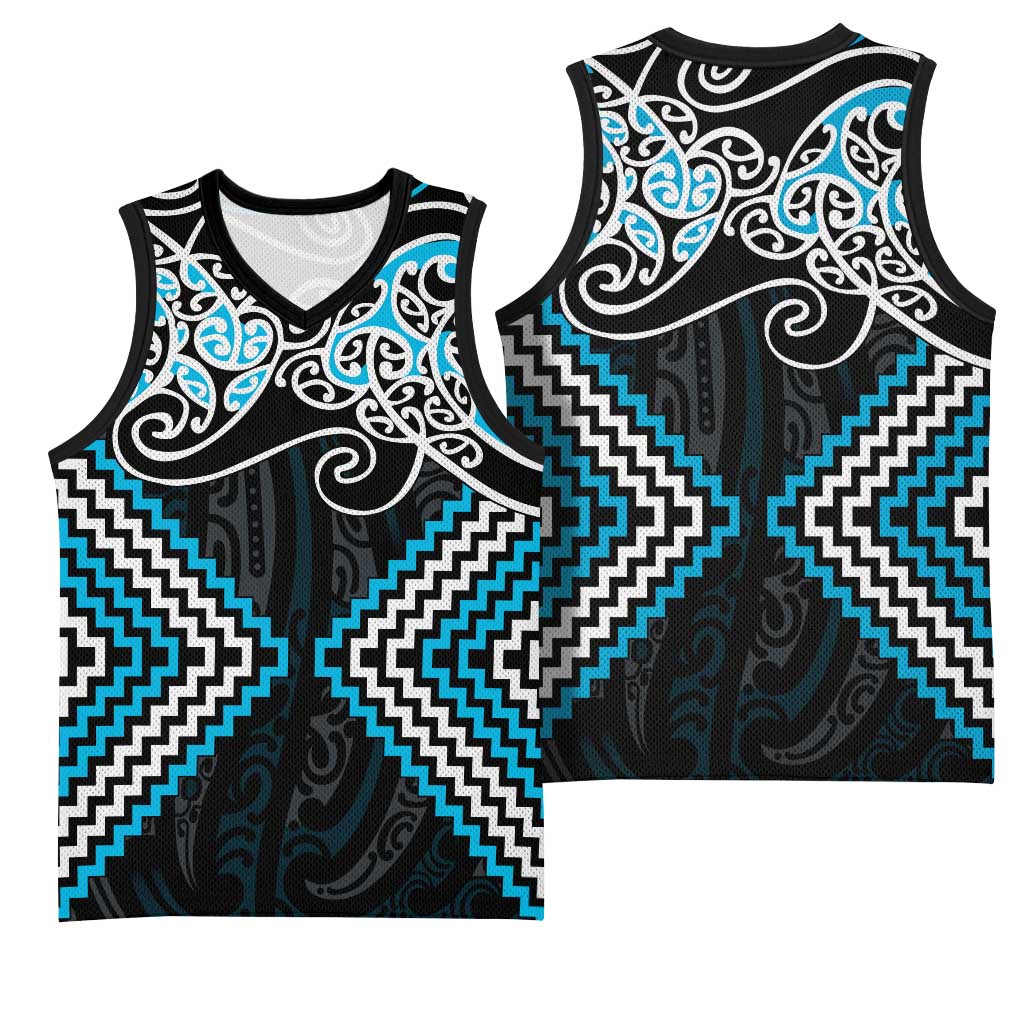 Blue Aotearoa Tukutuku Manawa Tapu Basketball Jersey Ta Moko Toi Maori LT9 - Polynesian Pride