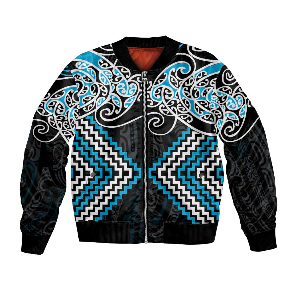 Blue Aotearoa Tukutuku Manawa Tapu Bomber Jacket Ta Moko Toi Maori LT9 Unisex Blue - Polynesian Pride