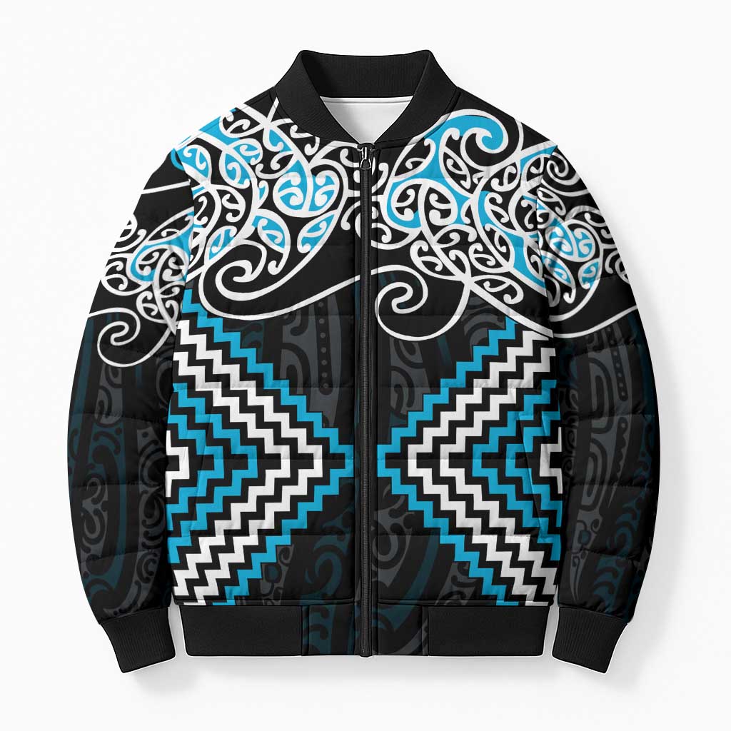 Blue Aotearoa Tukutuku Manawa Tapu Bomber Puffer Jacket Ta Moko Toi Maori LT9 Unisex Blue - Polynesian Pride