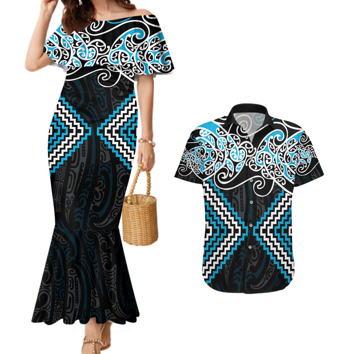Blue Aotearoa Tukutuku Manawa Tapu Couples Matching Mermaid Dress and Hawaiian Shirt Ta Moko Toi Maori LT9 Blue - Polynesian Pride