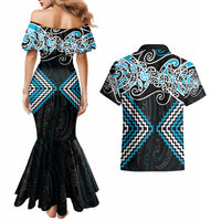 Blue Aotearoa Tukutuku Manawa Tapu Couples Matching Mermaid Dress and Hawaiian Shirt Ta Moko Toi Maori LT9 - Polynesian Pride