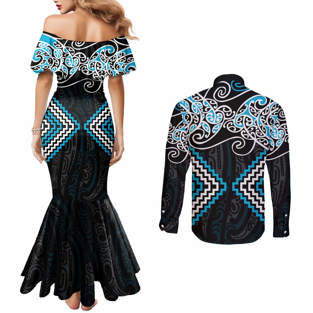 Blue Aotearoa Tukutuku Manawa Tapu Couples Matching Mermaid Dress and Long Sleeve Button Shirt Ta Moko Toi Maori LT9 - Polynesian Pride