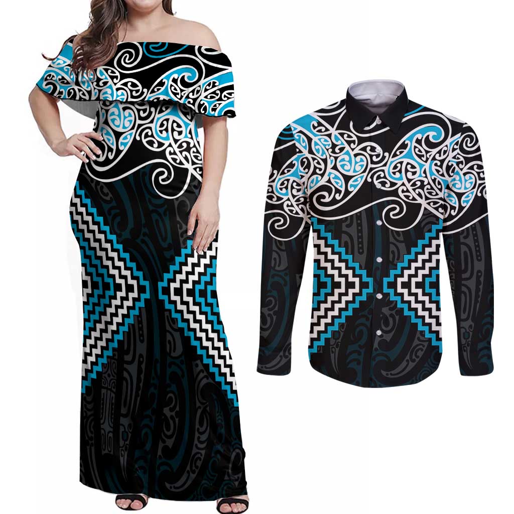 Blue Aotearoa Tukutuku Manawa Tapu Couples Matching Off Shoulder Maxi Dress and Long Sleeve Button Shirt Ta Moko Toi Maori LT9 Blue - Polynesian Pride
