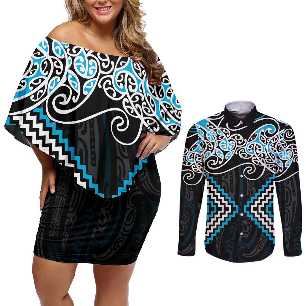 Blue Aotearoa Tukutuku Manawa Tapu Couples Matching Off Shoulder Short Dress and Long Sleeve Button Shirt Ta Moko Toi Maori LT9 Blue - Polynesian Pride
