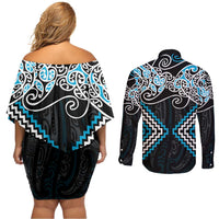 Blue Aotearoa Tukutuku Manawa Tapu Couples Matching Off Shoulder Short Dress and Long Sleeve Button Shirt Ta Moko Toi Maori LT9 - Polynesian Pride