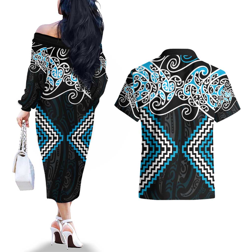 Blue Aotearoa Tukutuku Manawa Tapu Couples Matching Off The Shoulder Long Sleeve Dress and Hawaiian Shirt Ta Moko Toi Maori LT9 - Polynesian Pride