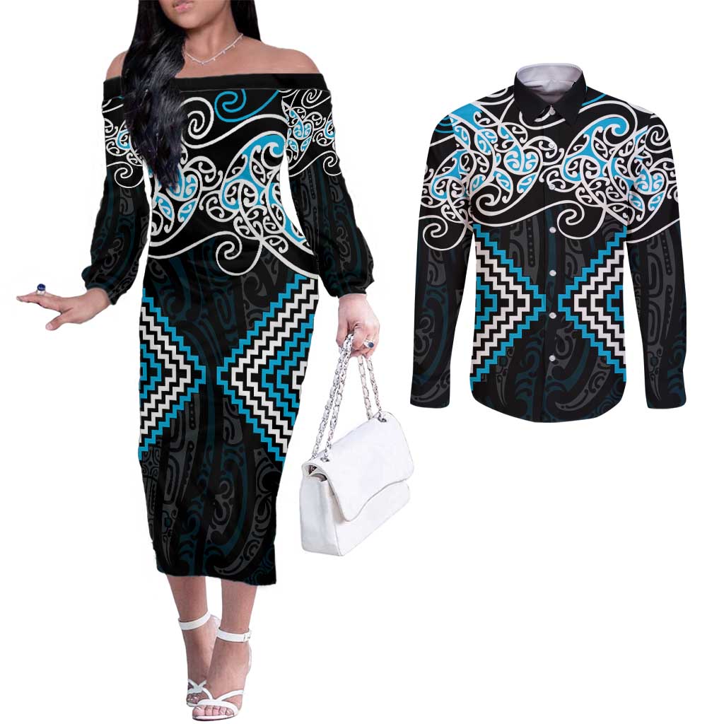 Blue Aotearoa Tukutuku Manawa Tapu Couples Matching Off The Shoulder Long Sleeve Dress and Long Sleeve Button Shirt Ta Moko Toi Maori LT9 Blue - Polynesian Pride