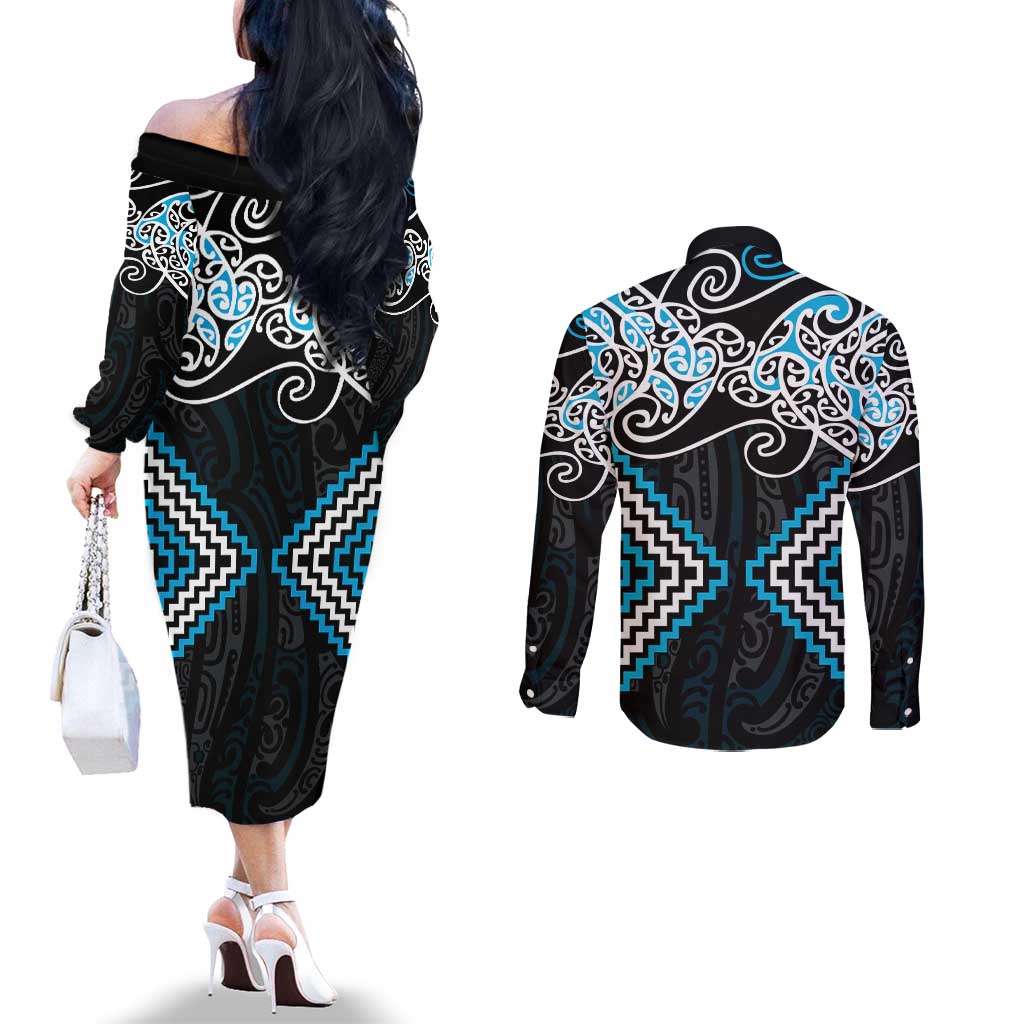 Blue Aotearoa Tukutuku Manawa Tapu Couples Matching Off The Shoulder Long Sleeve Dress and Long Sleeve Button Shirt Ta Moko Toi Maori LT9 - Polynesian Pride