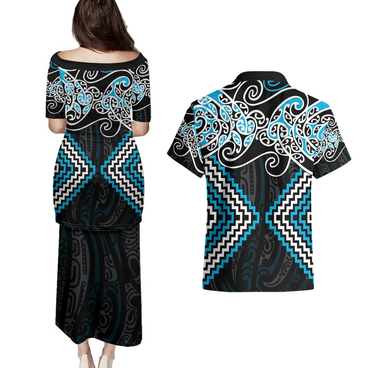 Blue Aotearoa Tukutuku Manawa Tapu Couples Matching Puletasi and Hawaiian Shirt Ta Moko Toi Maori LT9 - Polynesian Pride