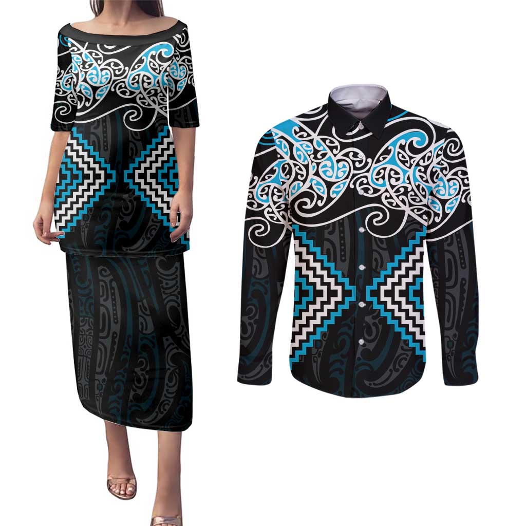 Blue Aotearoa Tukutuku Manawa Tapu Couples Matching Puletasi and Long Sleeve Button Shirt Ta Moko Toi Maori LT9 Blue - Polynesian Pride