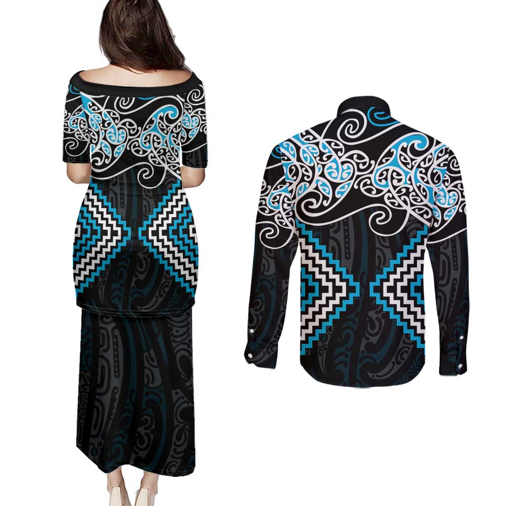 Blue Aotearoa Tukutuku Manawa Tapu Couples Matching Puletasi and Long Sleeve Button Shirt Ta Moko Toi Maori LT9 - Polynesian Pride