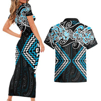 Blue Aotearoa Tukutuku Manawa Tapu Couples Matching Short Sleeve Bodycon Dress and Hawaiian Shirt Ta Moko Toi Maori LT9 - Polynesian Pride