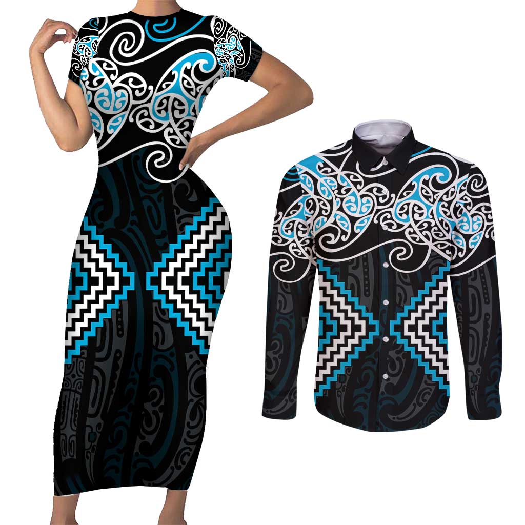 Blue Aotearoa Tukutuku Manawa Tapu Couples Matching Short Sleeve Bodycon Dress and Long Sleeve Button Shirt Ta Moko Toi Maori LT9 Blue - Polynesian Pride