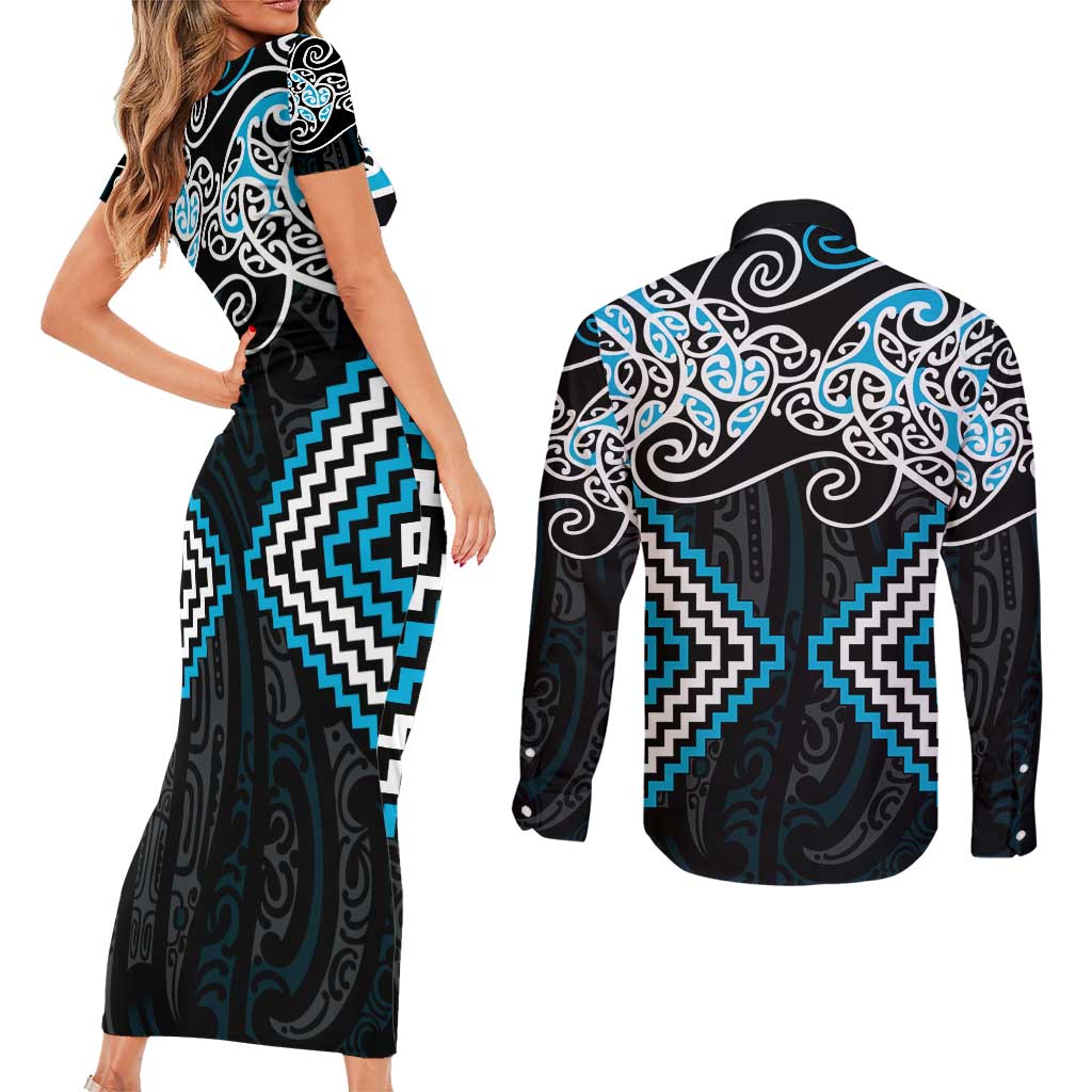 Blue Aotearoa Tukutuku Manawa Tapu Couples Matching Short Sleeve Bodycon Dress and Long Sleeve Button Shirt Ta Moko Toi Maori LT9 - Polynesian Pride