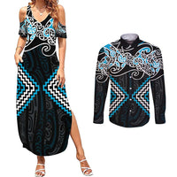 Blue Aotearoa Tukutuku Manawa Tapu Couples Matching Summer Maxi Dress and Long Sleeve Button Shirt Ta Moko Toi Maori LT9 Blue - Polynesian Pride