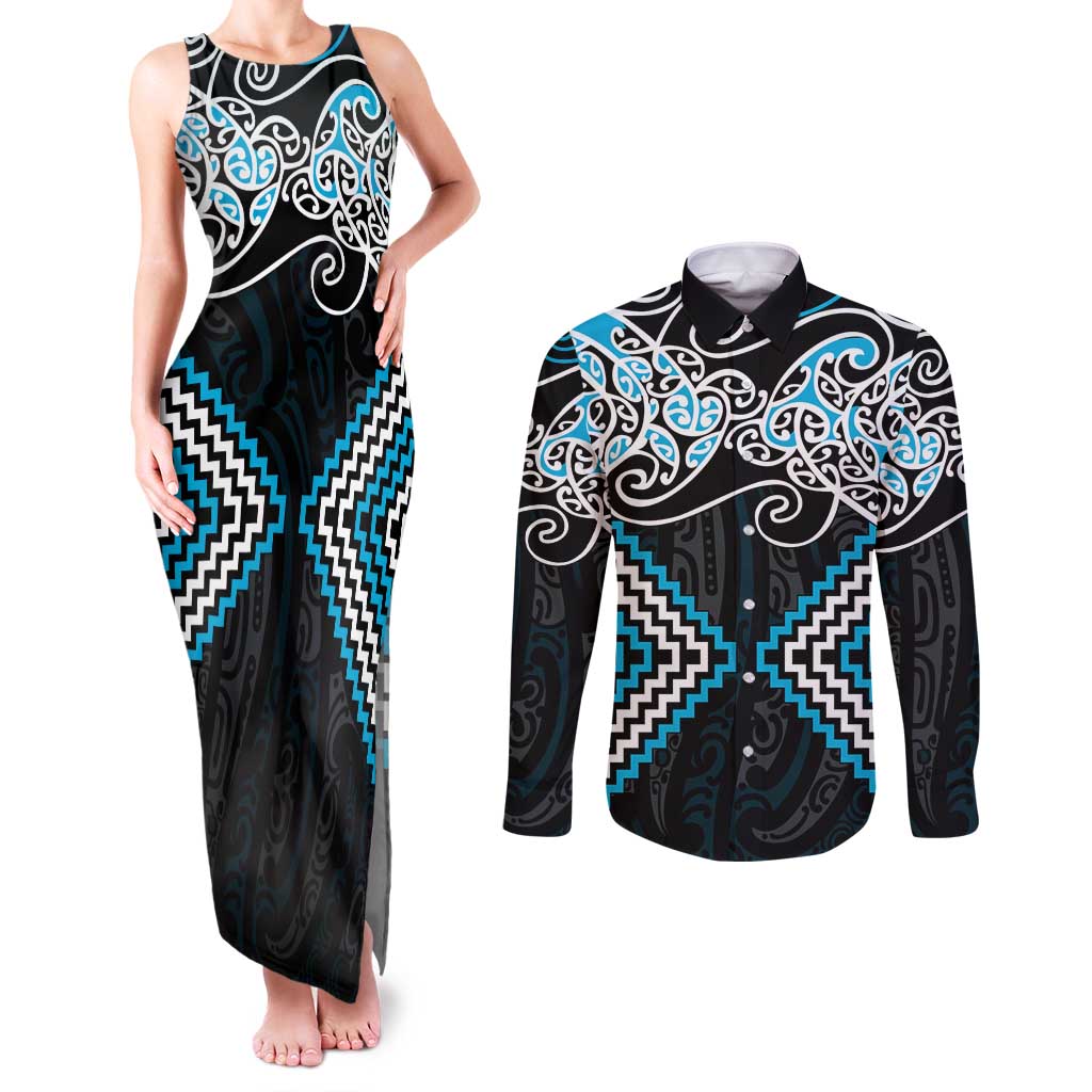 Blue Aotearoa Tukutuku Manawa Tapu Couples Matching Tank Maxi Dress and Long Sleeve Button Shirt Ta Moko Toi Maori LT9 Blue - Polynesian Pride