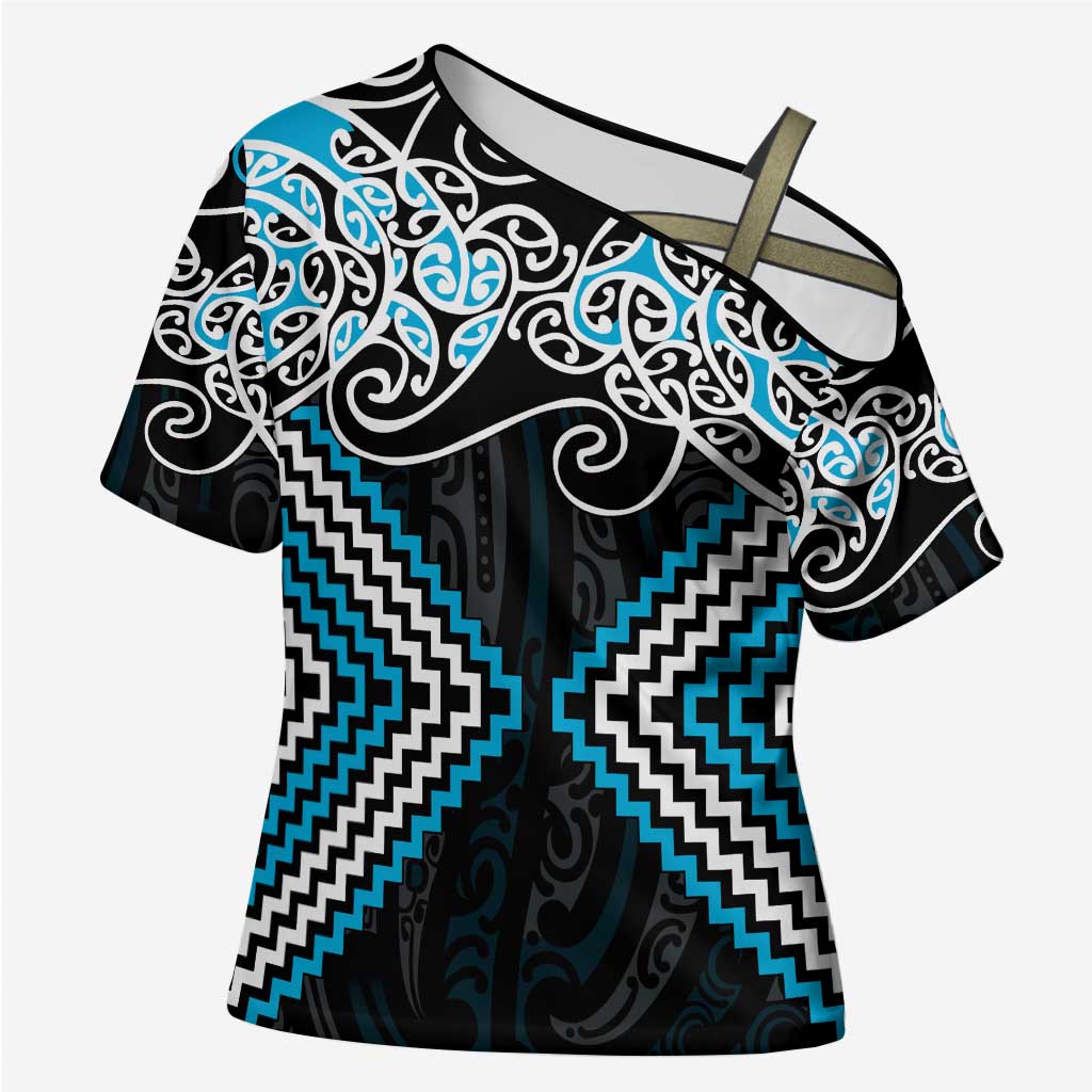 Blue Aotearoa Tukutuku Manawa Tapu Cross Shoulder Shirt Ta Moko Toi Maori LT9 Female Blue - Polynesian Pride