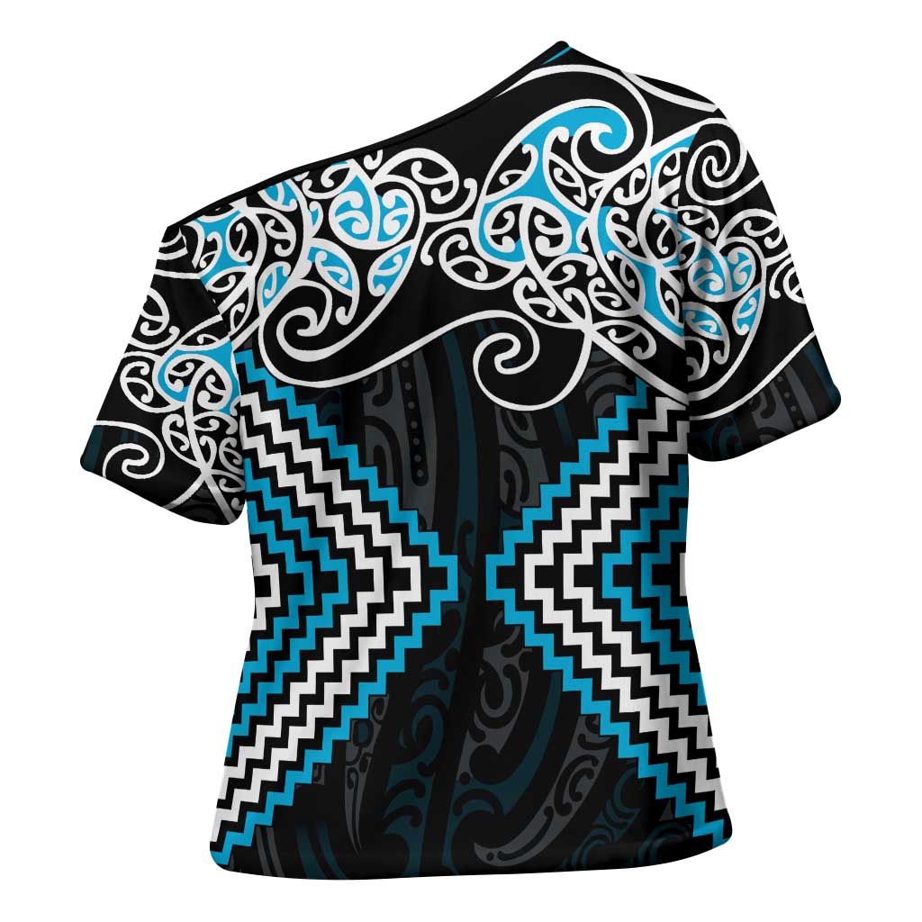 Blue Aotearoa Tukutuku Manawa Tapu Cross Shoulder Shirt Ta Moko Toi Maori LT9 - Polynesian Pride