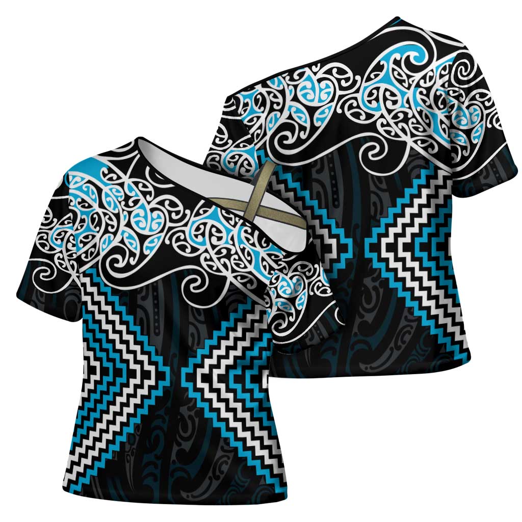 Blue Aotearoa Tukutuku Manawa Tapu Cross Shoulder Shirt Ta Moko Toi Maori LT9 - Polynesian Pride