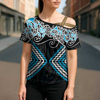 Blue Aotearoa Tukutuku Manawa Tapu Cross Shoulder Shirt Ta Moko Toi Maori LT9 - Polynesian Pride