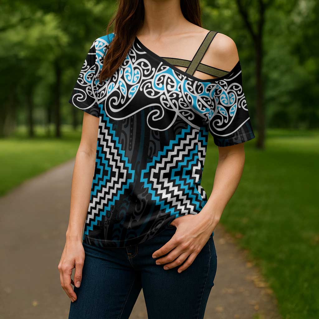 Blue Aotearoa Tukutuku Manawa Tapu Cross Shoulder Shirt Ta Moko Toi Maori LT9 - Polynesian Pride