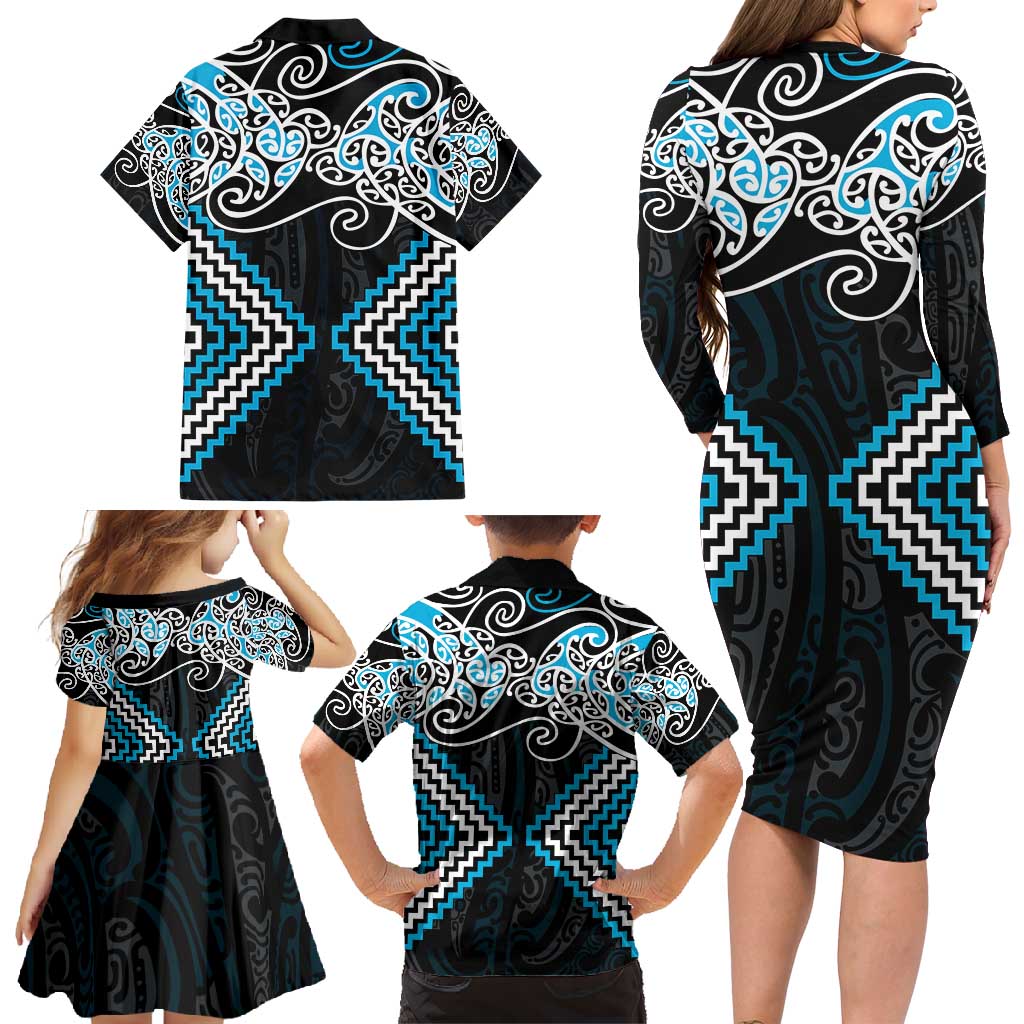 Blue Aotearoa Tukutuku Manawa Tapu Family Matching Long Sleeve Bodycon Dress and Hawaiian Shirt Ta Moko Toi Maori LT9 - Polynesian Pride