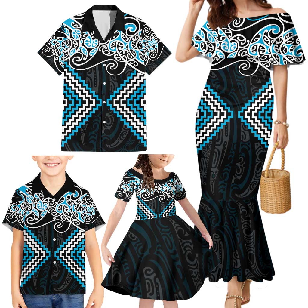 Blue Aotearoa Tukutuku Manawa Tapu Family Matching Mermaid Dress and Hawaiian Shirt Ta Moko Toi Maori LT9 - Polynesian Pride