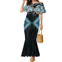 Blue Aotearoa Tukutuku Manawa Tapu Family Matching Mermaid Dress and Hawaiian Shirt Ta Moko Toi Maori LT9 Mom's Dress Blue - Polynesian Pride
