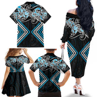 Blue Aotearoa Tukutuku Manawa Tapu Family Matching Off The Shoulder Long Sleeve Dress and Hawaiian Shirt Ta Moko Toi Maori LT9 - Polynesian Pride