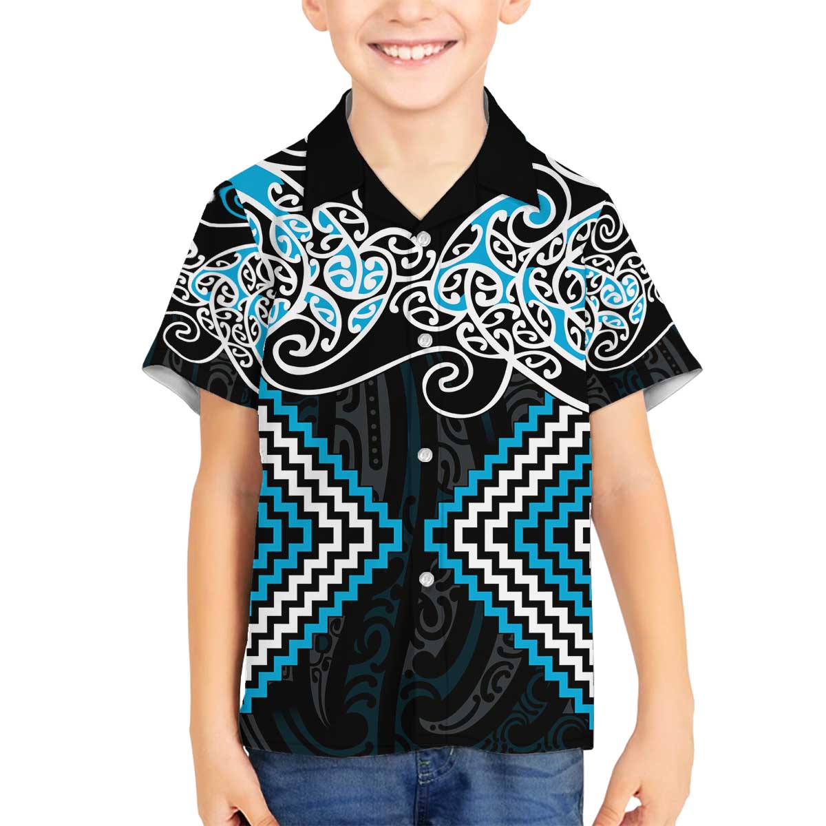 Blue Aotearoa Tukutuku Manawa Tapu Family Matching Off The Shoulder Long Sleeve Dress and Hawaiian Shirt Ta Moko Toi Maori LT9 Son's Shirt Blue - Polynesian Pride