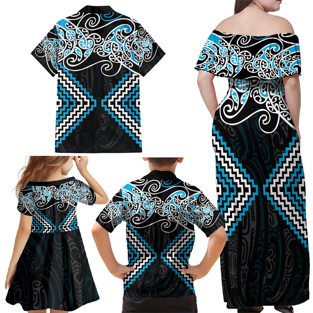 Blue Aotearoa Tukutuku Manawa Tapu Family Matching Off Shoulder Maxi Dress and Hawaiian Shirt Ta Moko Toi Maori LT9 - Polynesian Pride